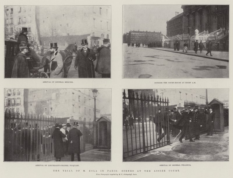 Der Prozess gegen M. Zola in Paris, Szenen am Assisengericht (Stich) von English School