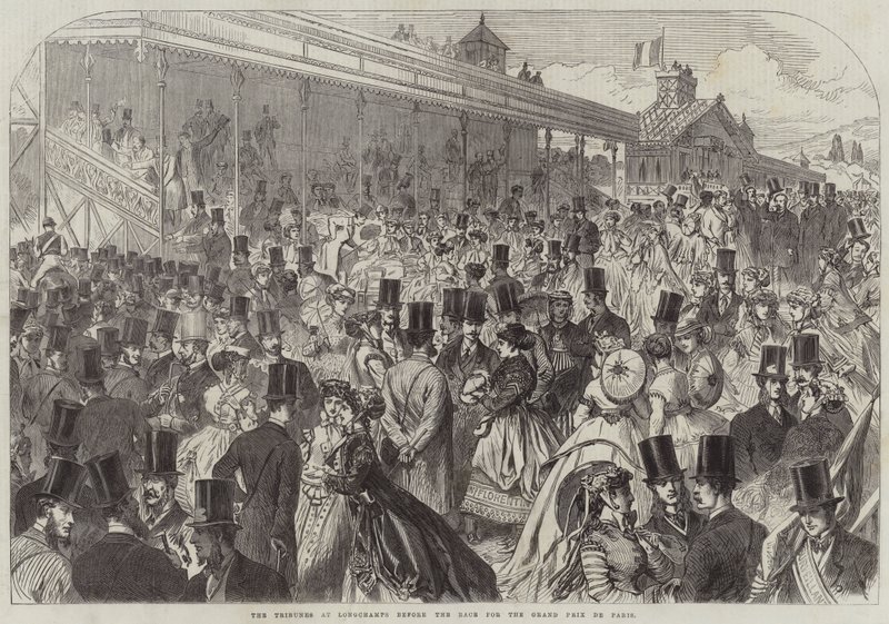Die Tribünen in Longchamps vor dem Rennen um den Grand Prix de Paris (Stich) von English School