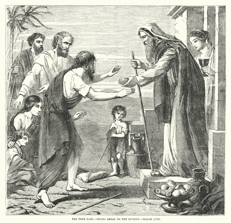 Das wahre Fasten, Brot den Hungrigen geben, Jesaja LVIII (Gravur) von English School