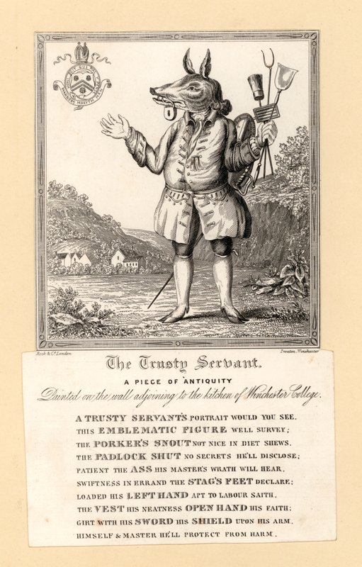Der treue Diener, Gemälde von 1579 von dem englischen Dichter John Hoskins an der Wand neben der Küche des Winchester College, Hampshire von English School