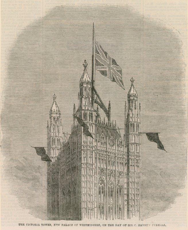 Der Victoria-Turm, neues Palace of Westminster, am Tag der Beerdigung von Sir C. Barnet von English School