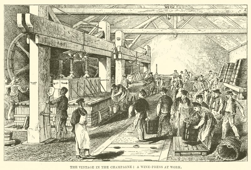 Die Weinlese in der Champagne: Eine Weinpresse bei der Arbeit (Stich) von English School
