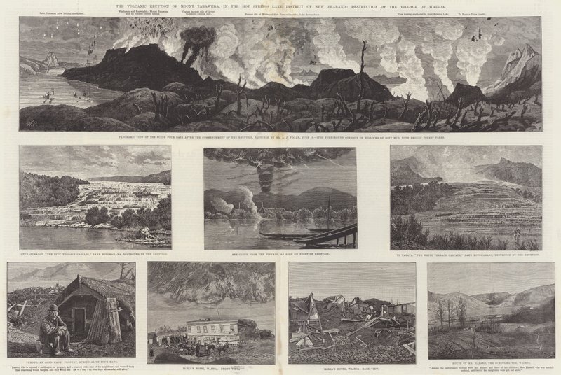 Der Vulkanausbruch des Mount Tarawera im Thermalquellengebiet von Neuseeland, Zerstörung des Dorfes Wairoa von English School
