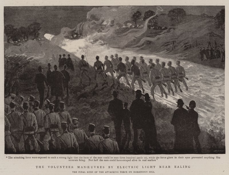 Die Freiwilligen-Manöver bei elektrischem Licht in der Nähe von Ealing (Lithografie) von English School