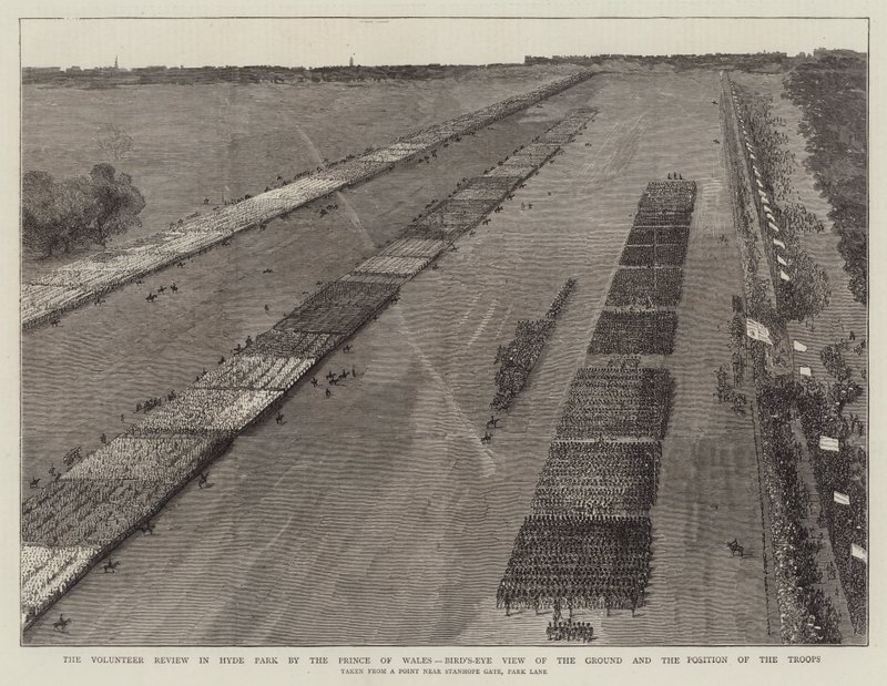 Die Freiwilligenüberprüfung im Hyde Park durch den Prinzen von Wales, Vogelperspektive des Geländes und der Position der Truppen (Gravur) von English School