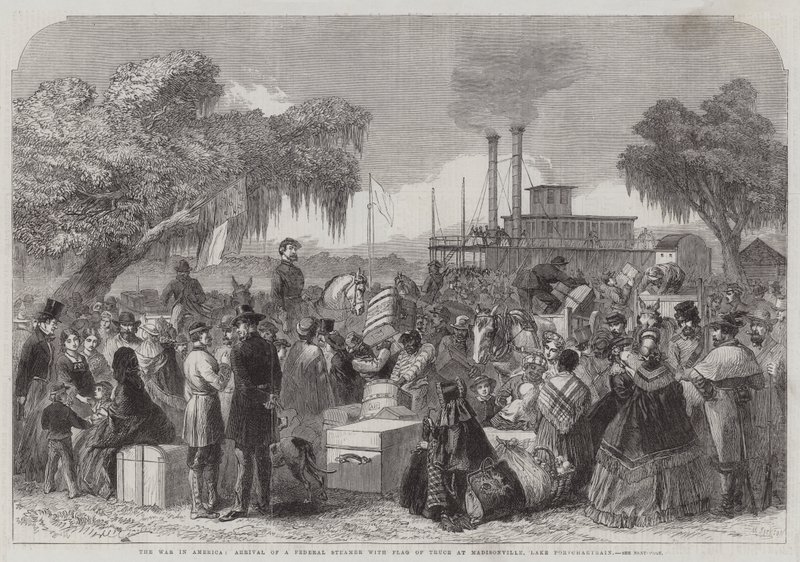 Der Krieg in Amerika, Ankunft eines Bundesdampfers mit einer Waffenstillstandsflagge in Madisonville, Lake Portchartrain von English School