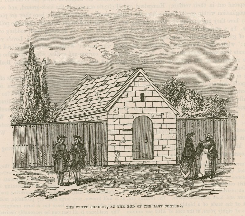 Der weiße Wasserleitungsbau des White Conduit House, Islington, London von English School