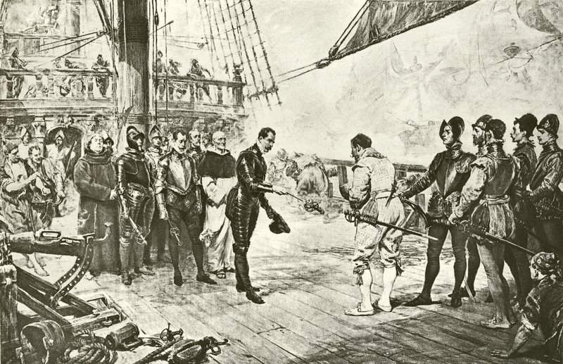 Der Admiral der spanischen Armada ergibt sich Drake (Gravur) von English School