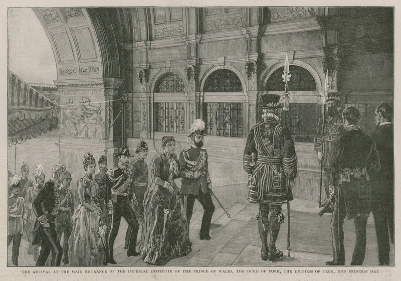 Die Ankunft des Prinzen von Wales, des Herzogs von York, der Herzogin von Teck und Prinzessin May am Haupteingang des Imperial Institute von English School