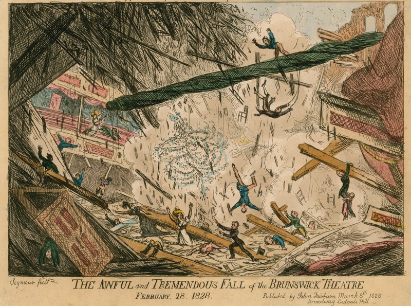 Der schreckliche und gewaltige Einsturz des Brunswick Theaters, London, 28. Februar 1828 von English School
