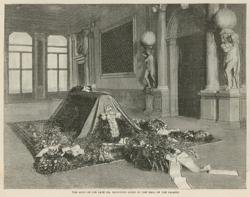 Der Leichnam des verstorbenen Mr. Browning in der Halle des Palazzo Rezzonico, Venedig von English School
