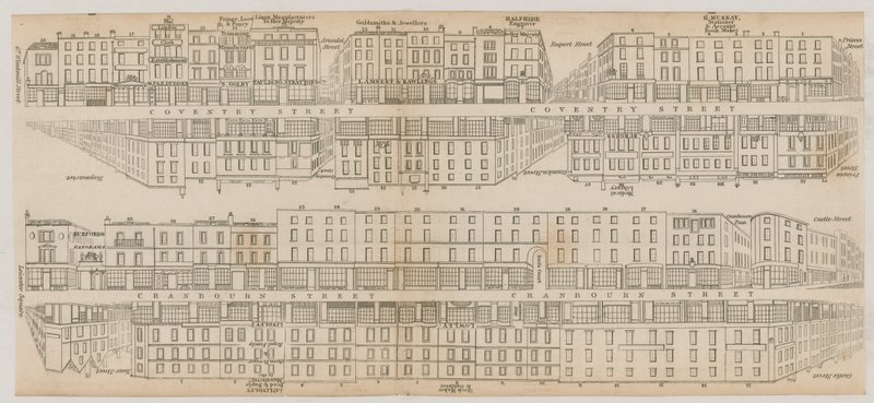 Die Gebäude des Leicester Square, London, entlang der Coventry Street und Cranbourne Street von English School