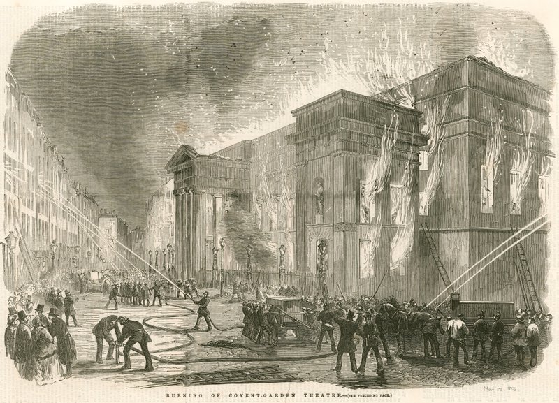 Der Brand des Covent Garden Theatre, London, am Morgen des 5. März 1856 von English School