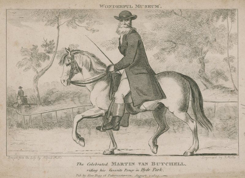 Der berühmte Martin Van Butchell reitet auf seinem Lieblingspony im Hyde Park von English School