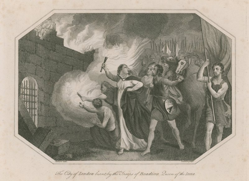Die Stadt London von den Truppen der Boudicca, Königin der Icena, niedergebrannt von English School