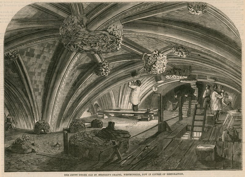 Die Krypta unter der alten St. Stephens Kapelle, Westminster, derzeit in Restaurierung von English School