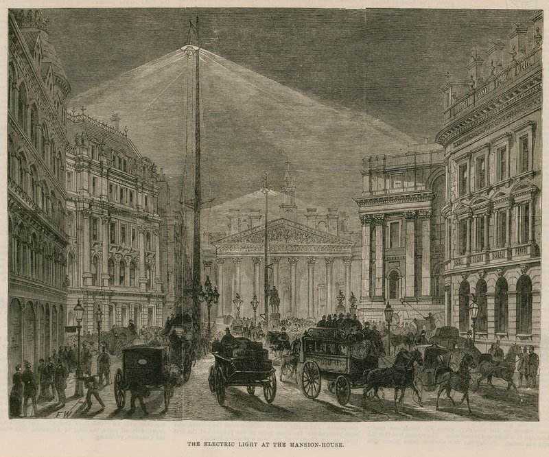 Das elektrische Licht im Mansion House, London von English School