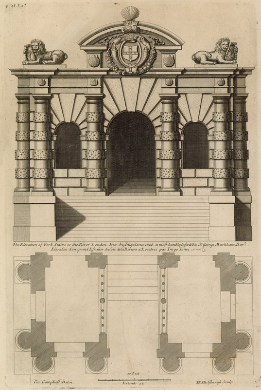 Die Erhebung der York Stairs zum Fluss Thames einschließlich eines Bauplans von English School