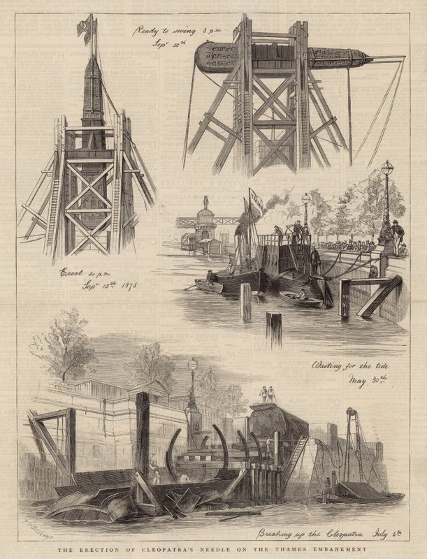 Die Errichtung der Nadel der Kleopatra am Thames Embankment von English School