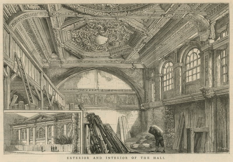 Das Äußere und Innere der Zimmermannshalle von English School