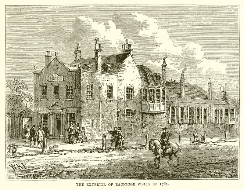 Das Äußere von Bagnigge Wells im Jahr 1780 von English School