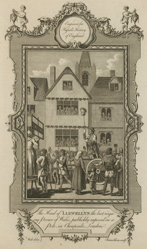 Der Kopf von Llewellyn, dem letzten regierenden Prinzen von Wales, öffentlich auf einem Pfahl in Cheapside, London ausgestellt von English School