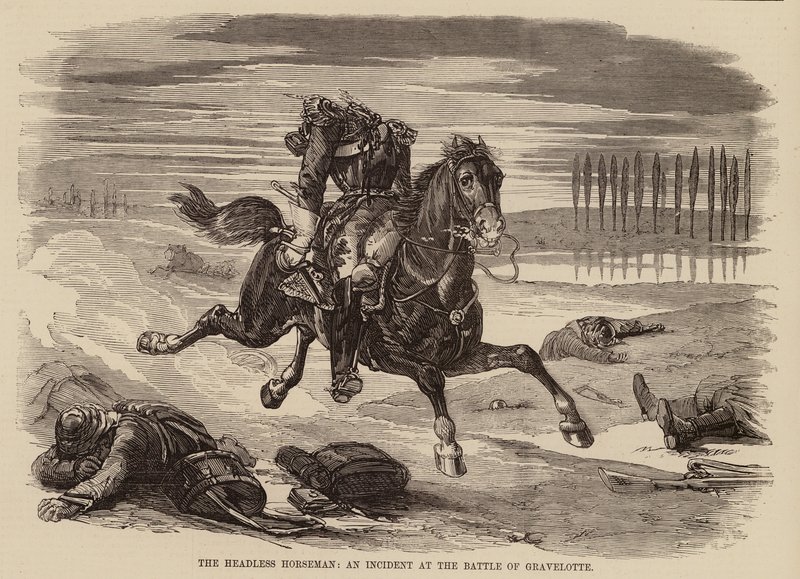 Der kopflose Reiter, ein Vorfall in der Schlacht von Gravelotte (Gravur) von English School