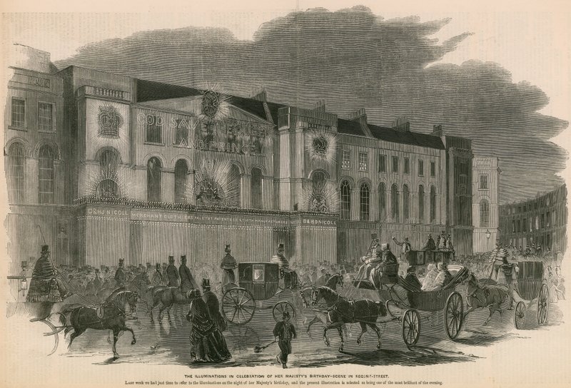 Die Beleuchtungen zur Feier des Geburtstags Ihrer Majestät - Szene in der Regent Street, London von English School