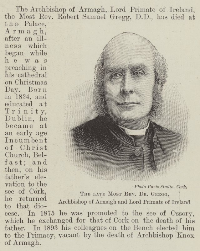 Der verstorbene Erzbischof Dr Gregg, Erzbischof von Armagh und Lord Primas von Irland (Gravur) von English School