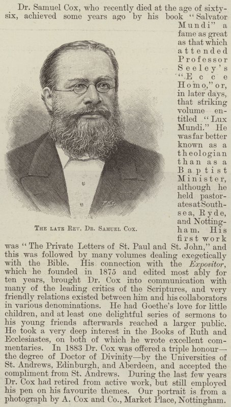 Der verstorbene Reverend Dr Samuel Cox (Gravur) von English School