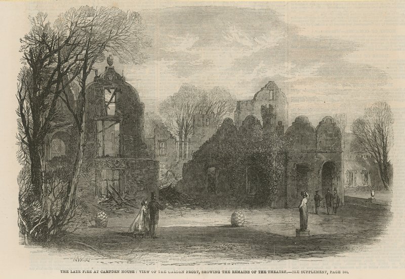 Das kürzliche Feuer im Campden House: Ansicht der Gartenfront, die die Überreste des Theaters zeigt von English School