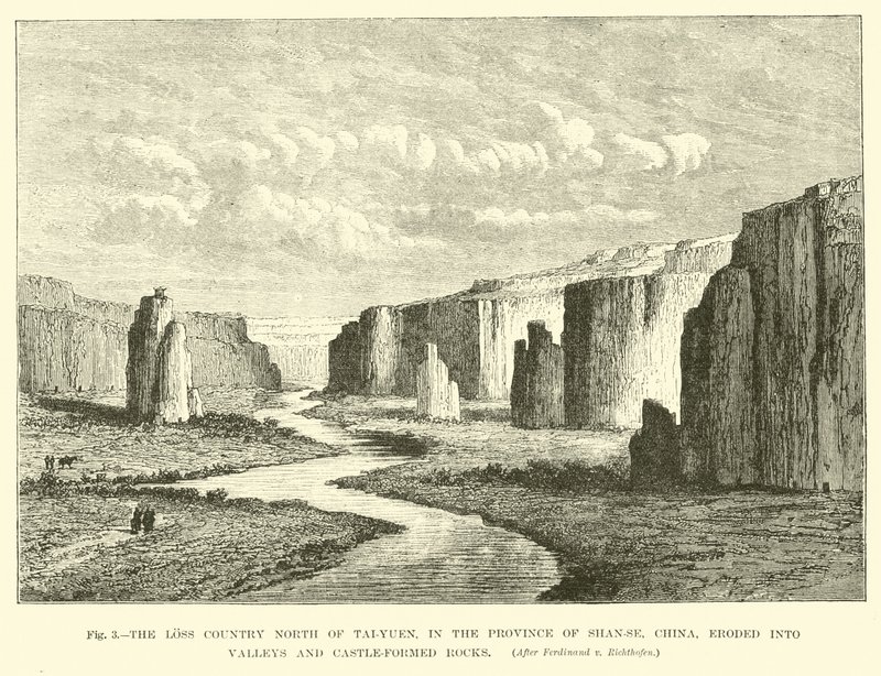Das Verlustland nördlich von Tai-Yuen, in der Provinz Shan-se, China, erodiert in Täler und burgförmige Felsen von English School