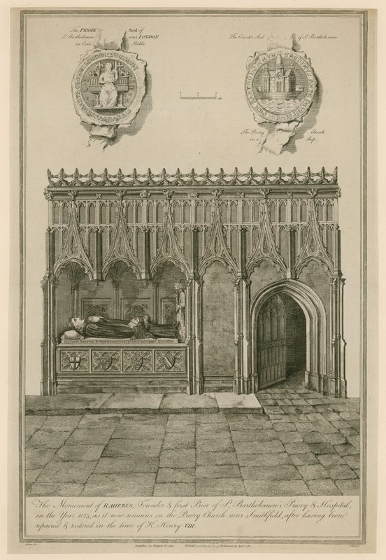 Das Denkmal von Raherus, Gründer und erster Prior des St. Bartholomews Priorats und Hospitals im Jahr 1123 von English School