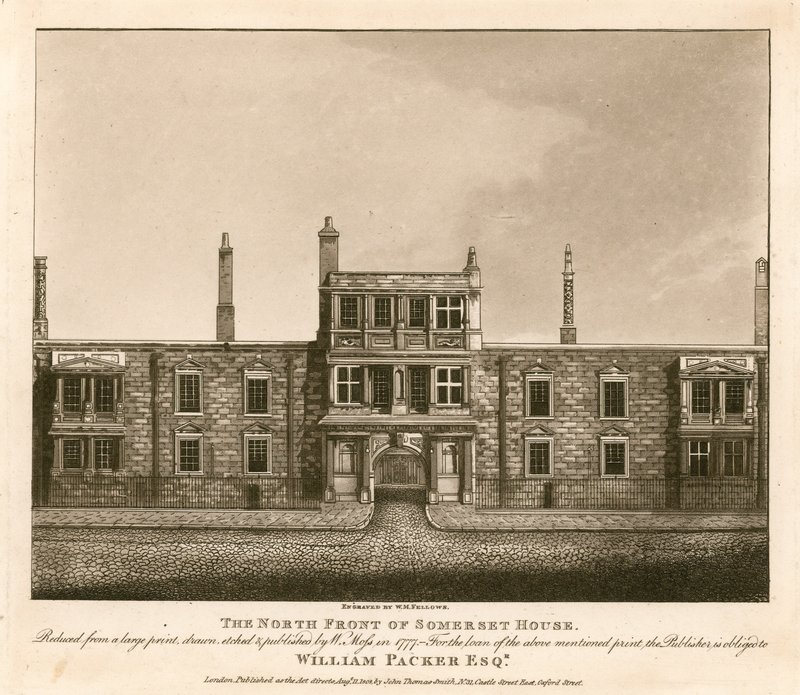 Die Nordfront des Somerset House, The Strand, London, basierend auf einem Druck von W. Moss aus dem Jahr 1777 von English School