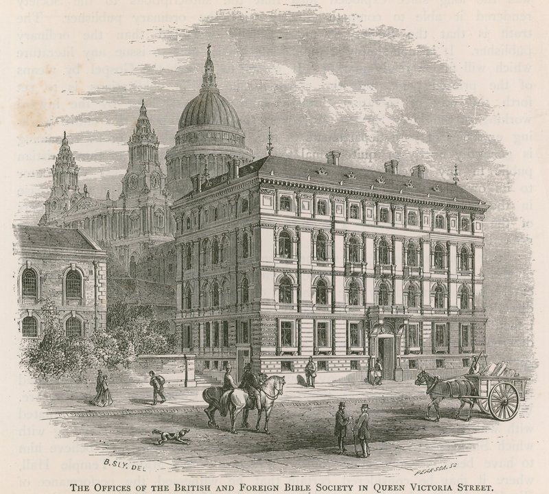 Die Büros der Britischen und Ausländischen Bibelgesellschaft in der Queen Victoria Street, London von English School