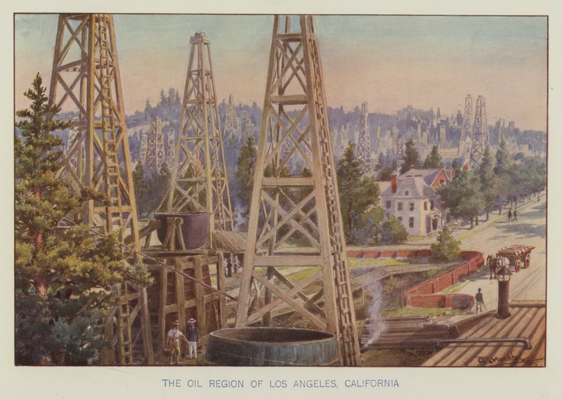 Die Ölregion von Los Angeles, Kalifornien (Farblithografie) von English School