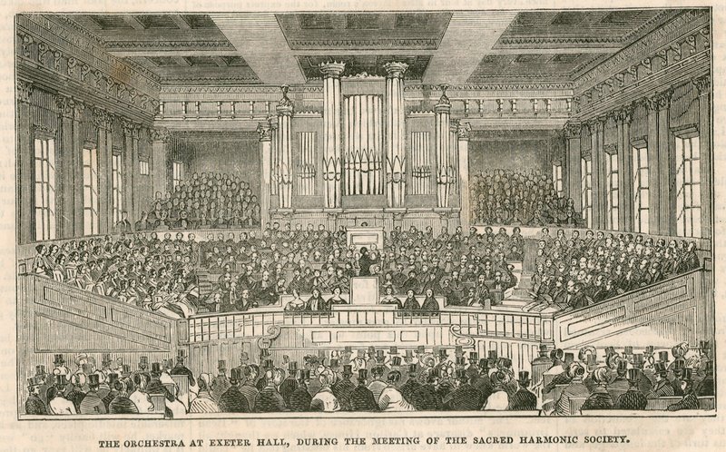 Das Orchester in Exeter Hall, London, während des Treffens der Sacred Harmonic Society von English School