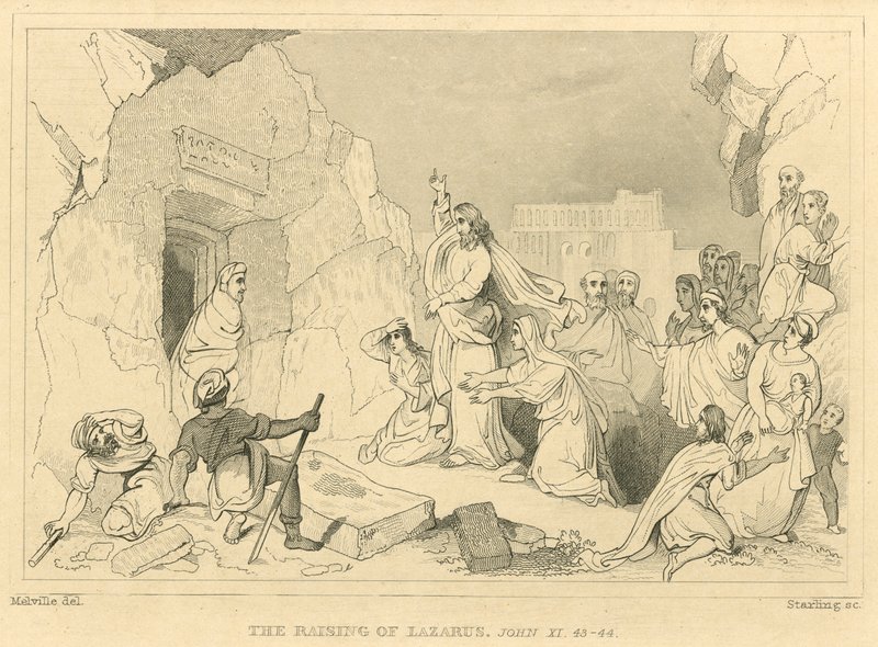 Die Auferweckung des Lazarus, Johannes XI, 43-44 (Gravur) von English School