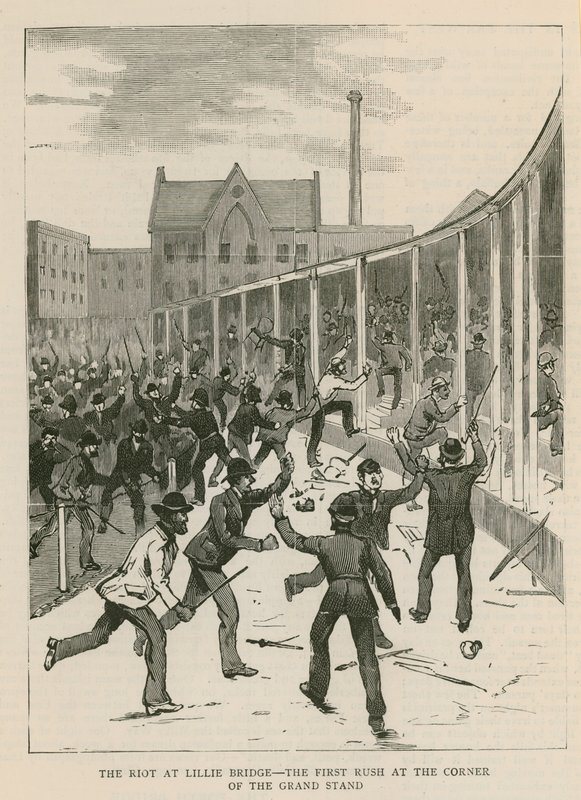 Der Aufruhr in Lillie Bridge, London: Der erste Ansturm an der Ecke der Tribüne von English School