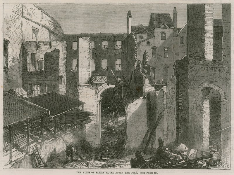 Die Ruinen des Savile House, Leicester Square, London, nach dem Feuer von English School