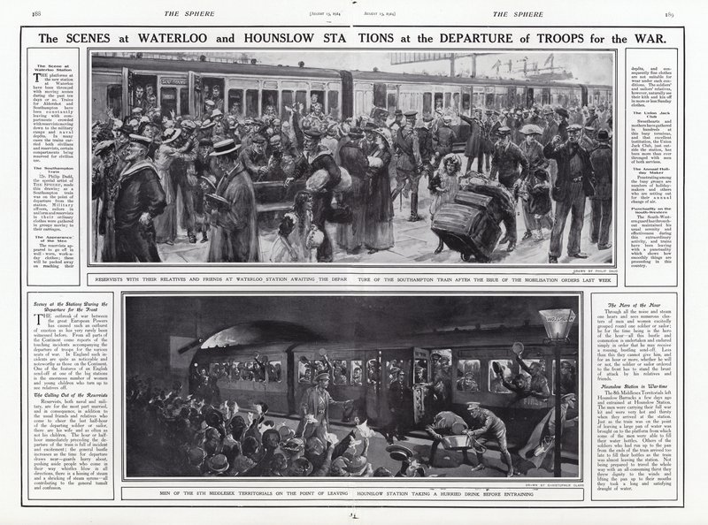 Die Szenen an den Bahnhöfen Waterloo und Hounslow beim Abmarsch der Truppen in den Krieg, Erster Weltkrieg, August 1914 von English School