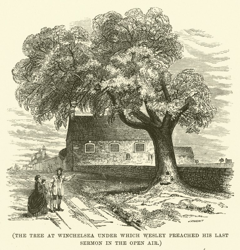 Der Baum in Winchelsea, unter dem Wesley seine letzte Predigt im Freien hielt von English School