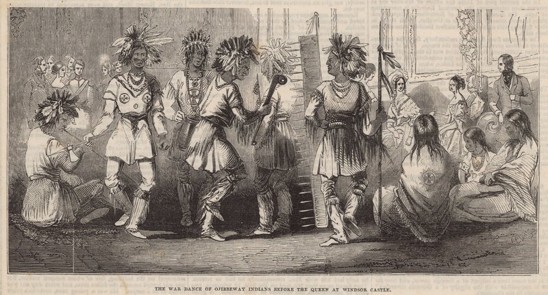 Der Kriegstanz der Ojibbeway-Indianer vor der Königin im Windsor Castle von English School