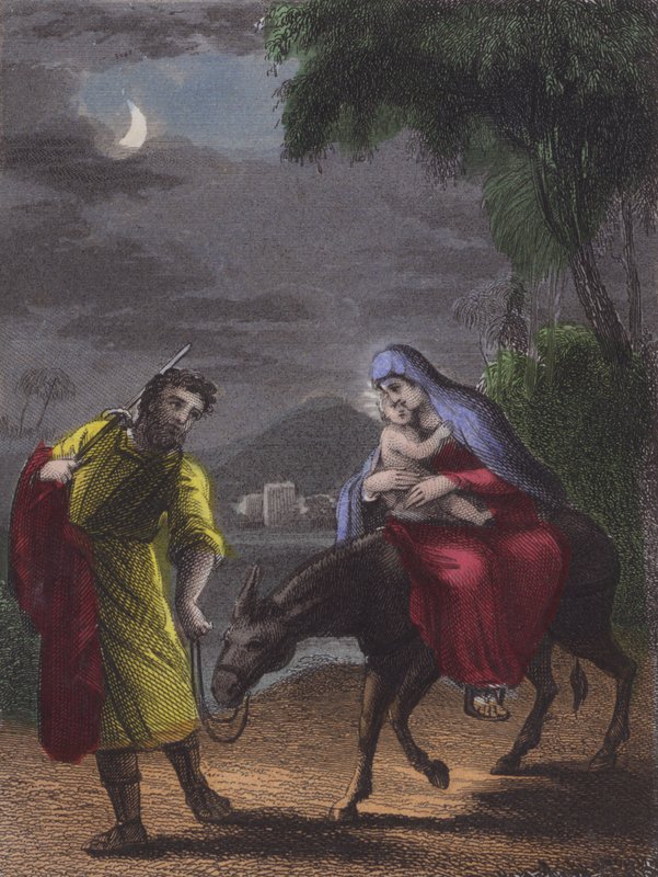 Dann erhebe dich und fliehe, nach Ägypten fliehe, mit Eile ... (farbiger Stich) von English School