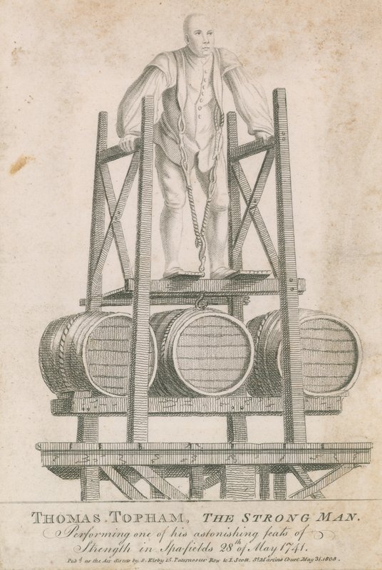 Thomas Topham, der starke Mann, führt eine seiner erstaunlichen Kraftakte in Spitalfields vor, 28. Mai 1741 von English School