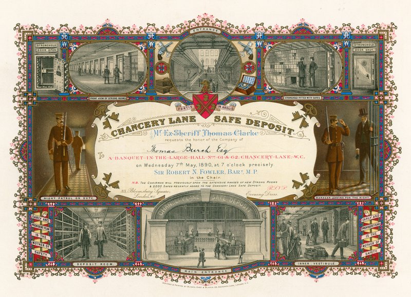 Eintrittskarte für ein Bankett im großen Saal des Chancery Lane Safe Deposit, 61-62 Chancery Lane, London von English School