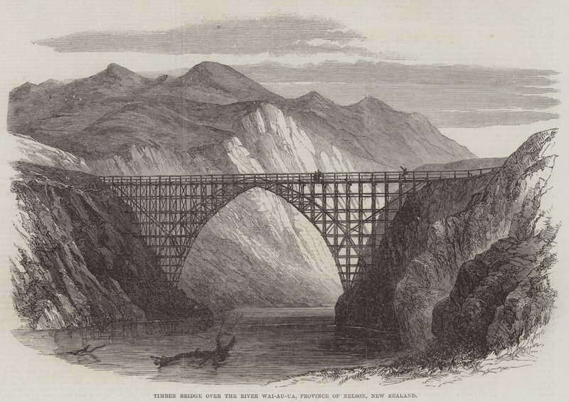 Holzbrücke über den Fluss Wai-Au-Ua, Provinz Nelson, Neuseeland (Stich) von English School