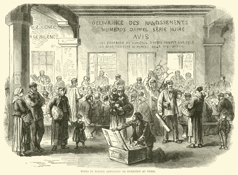 Werkzeuge an Arbeiter in Paris zurückgegeben, Dezember 1870 von English School