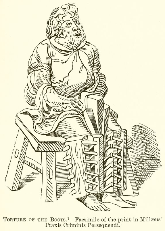Folter der Stiefel. Faksimile des Drucks in Millaeus Praxis Criminis Persequendi von English School