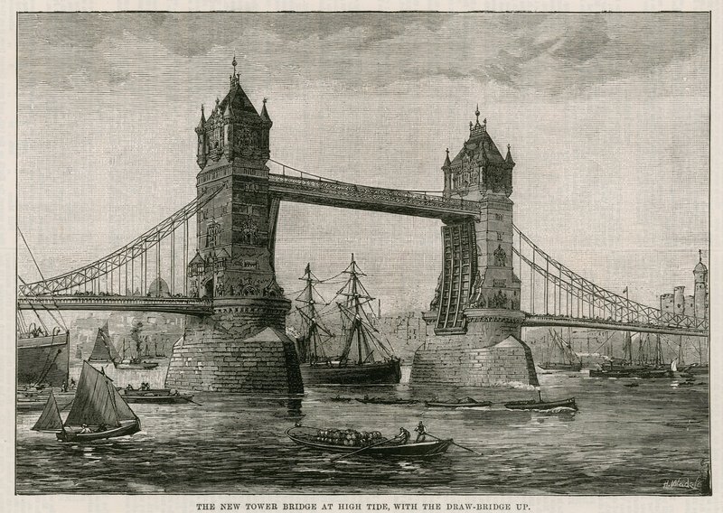 Tower Bridge bei Flut, mit hochgezogener Zugbrücke von English School